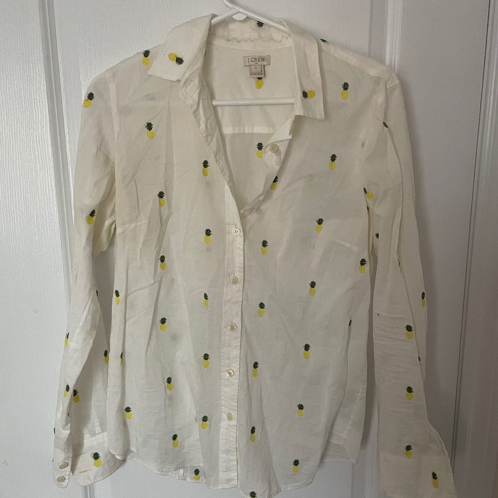 J.Crew White Button up with embroidered pineapples